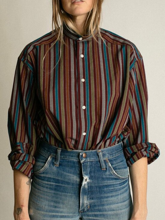 Baserange Tops - Maroon Multi Stripe Claude Shirt from Baserange.